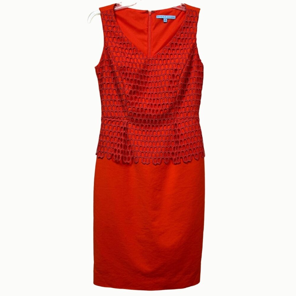 Antonio Melani Orange Sleeveless Dress Textured Overlay And V-Neck Size 2
